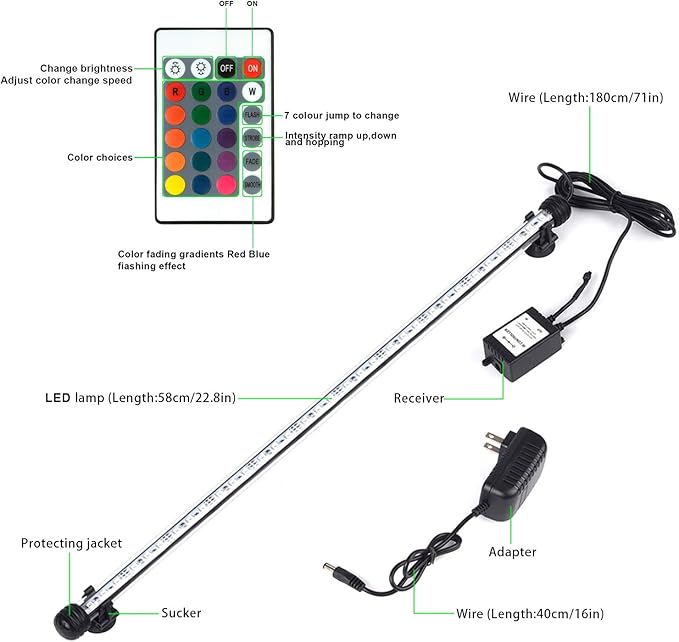 Aquarium Lights Underwater LED Fish Tank Lights IP68 Waterproof Color Changing Memory Brightness Adjustable Submersible Lighting for Aquarium Fish Tank Waterfall, 23"