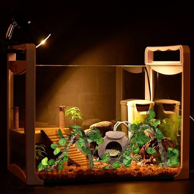 Crested Gecko Tank Accessories, Reptile Vines and Plants Coco Hut Coconut Shell with Ladder Hideout Cave Habitat Decor for Climbing Lizard Leopard Gecko Tortoise Amphibians Hermit Crab