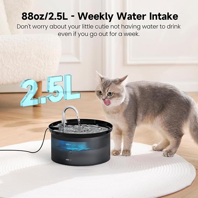 Cat Water Fountain + 6Filters + 3 Sponges: 88Oz Pet Fountain 24/7 Running Water Fresh Help Pets Drink More Water Activated Carbon Filter 5V Ultra Silent Pump Increase Drinking Area