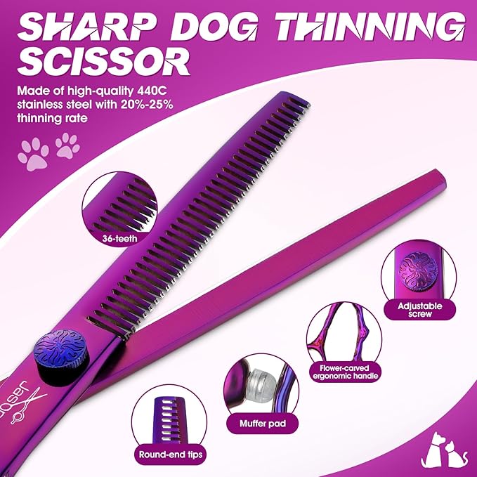 JASON Dog Grooming Scissors Set - Professional 6 in 1 Dog Shears Kit - 6.5" Thinning, 7" Straight, 7" Up-Curved, 7" Down-curved Scissors and Comb for Dog Cat Pet with Adjustable Screw (Purple)