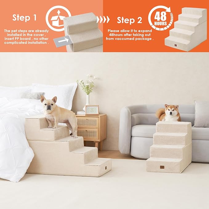 EHEYCIGA Dog Stairs for High Bed 25”H, 5-Step Extra Wide Dog Steps for Bed, Pet Steps for Small Dogs and Cats, Non-Slip Balanced Dog Indoor Ramp, Beige