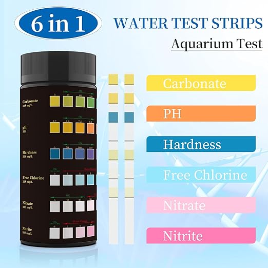 6 in 1 Aquarium Test Strips Fast & Accurate Water Quality Testing Strips for Freshwater Saltwater,Pond Fish Tank Test Strips for PH,Carbonate,Hardness,Residual Chlorine,Nitrate,Nitrite 50pcs