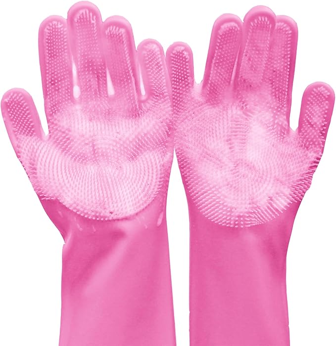 Pet Grooming Gloves, Dog Bathing Gloves with High-Density Teeth, Heat Resistant Silicone Cat Hair Remover with Enhanced Five Finger Design, Bathing and Massaging for Dogs and Cats (Pink)