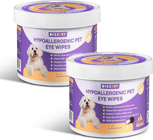 HICC PET Eyes Wipes for Dogs & Cats - Gently Remove Tear Stain, Eye Debris, Discharge, Mucus Secretions - Coconut Oil Pet Cleaning Grooming Deodorizing Wipes for Eyes, Wrinkle, Face