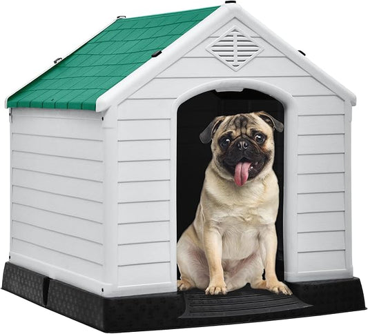 DWVO Large Outdoor Dog House, Plastic Doghouse with Air Vents and Ground Nails, Insulated Water Resistant Puppy Shelter for Small Medium Dogs (28.5''L x 26''W x 28''H, Green)