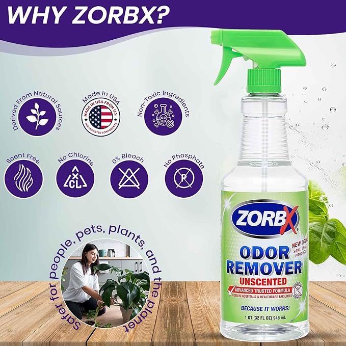 ZORBX Unscented Odor Remover Spray - Perfect Solution for Strong Odor | Advanced Trusted Formula & Fast-Acting Odor Eliminator for Dog, Cat, Puppy (32oz.)