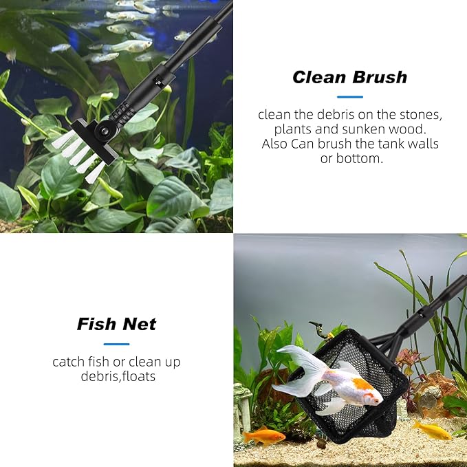 hygger Small Fish Tank Cleaner, Aquarium Cleaning Tools Kit with Handle, Seaweed Scraper, Fishing Net, Sponge Brush,Wall Brush (M)