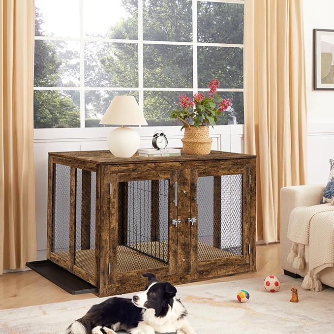 unipaws XL Furniture Dog Crate for Large Dogs with Tray and Divider, Extra Large Indoor Aesthetic Kennel Pet House Dog Cage for 2 Dogs, Wood Pretty Cute Fancy End Side Table Nightstand, Rustic