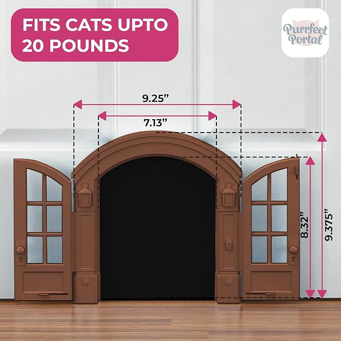 Purrfect Portal French Cat Door - Stylish No-Flap Cat Door Interior Door for Average-Sized Cats Up to 20 lbs, Easy DIY Setup, Secured Installation in Minutes, No Training Needed, 7.13 x 8.32”