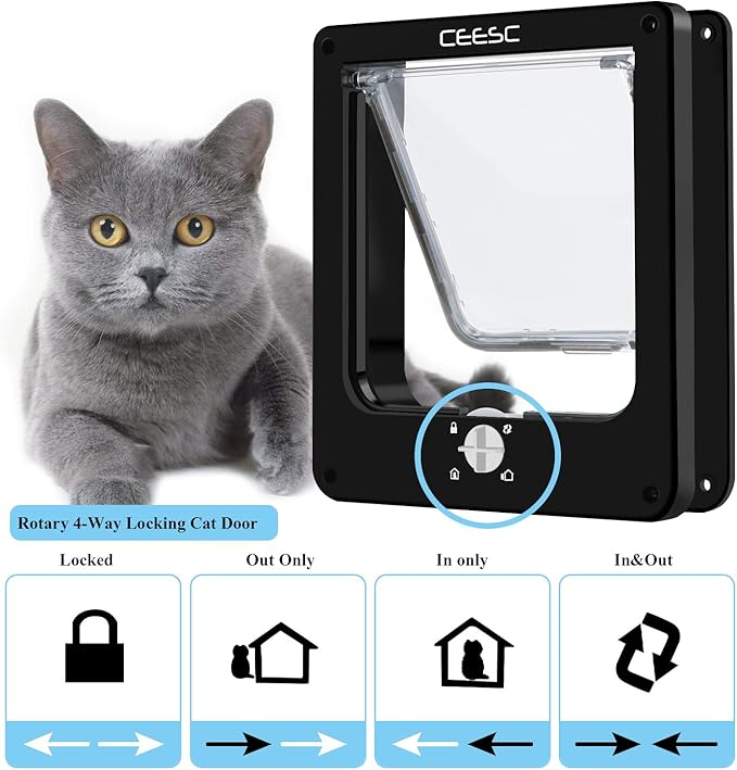 CEESC Cat Doors, Magnetic Pet Door with Rotary 4 Way Lock for Cats, Kitties and Kittens (Medium, Black)