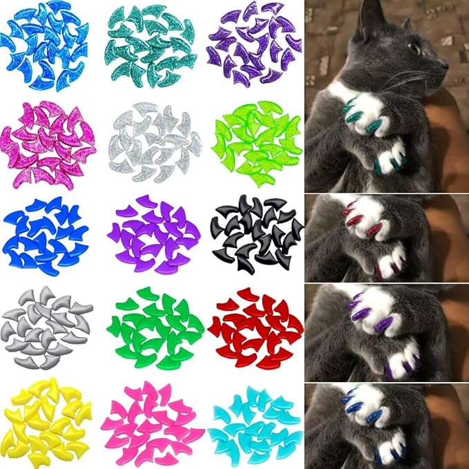 160pcs(16 Colors) Cat Nail Caps Cat Claw Caps Cat Nail Covers with Adhesives and Applicators (Extra Small)