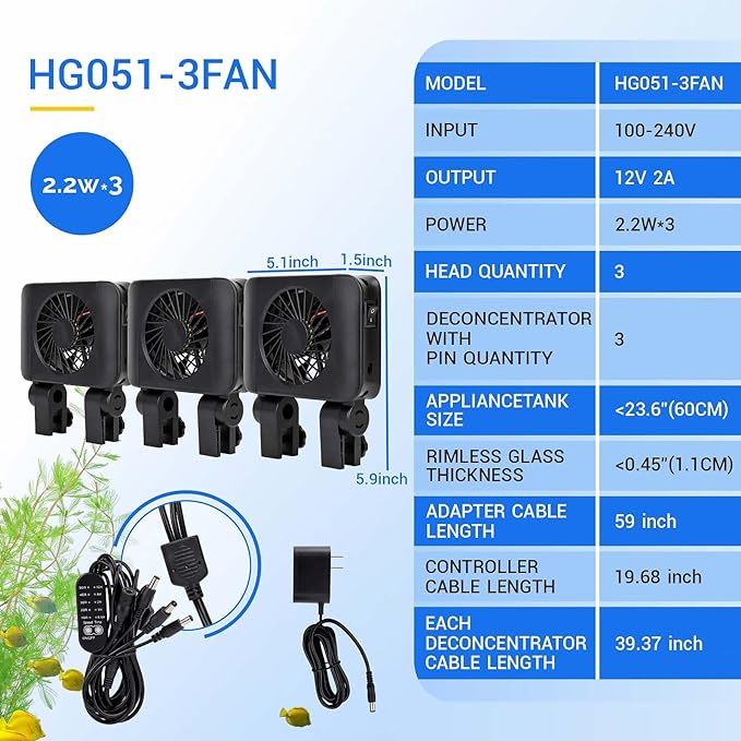 hygger Aquarium Chillers Fan, Quiet Fish Tank Cooling Fan Equipment with Adjustable Speed Controller, Suitable for Freshwater Saltwater Tanks(3-Fan Head)