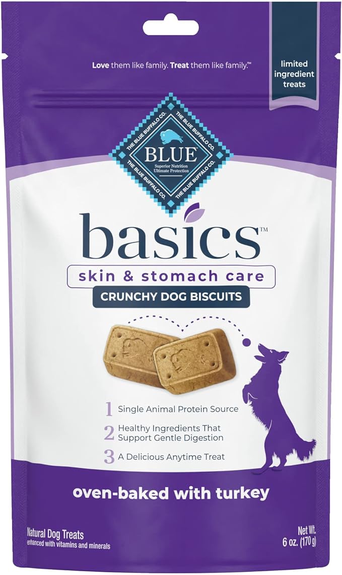 Blue Buffalo Basics Skin & Stomach Care Biscuits Crunchy Dog Treats, Turkey & Potato 6-oz Bag