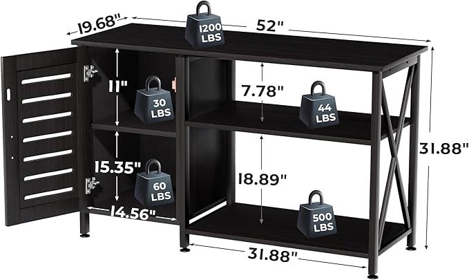 55-75 Gallon Fish Tank Stand, Aquarium Stand with Power Outlets and Cabinet for Fish Tank Accessories Storage, Heavy Duty Metal Frame, 52" L*19.68" W Tabletop, 1200LBS Capacity, Black PG05YGB