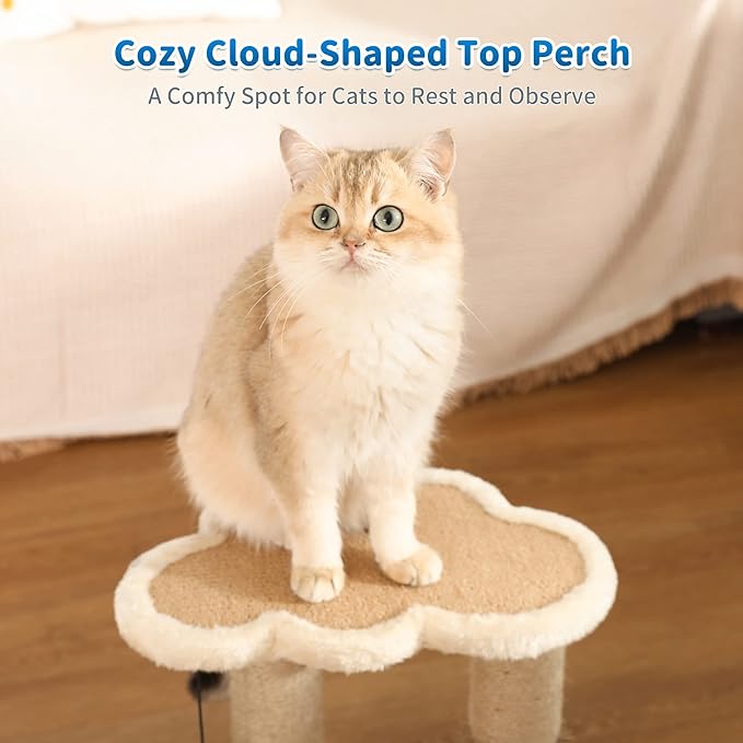 Made4Pets Cat Scratching Post, Cat Self Groomer for Indoor Cats, Cloud Soft Perch for Rest, 17.5" Tall Natural Sisal Scratcher Cat Grooming Interactive Ball Track Toys