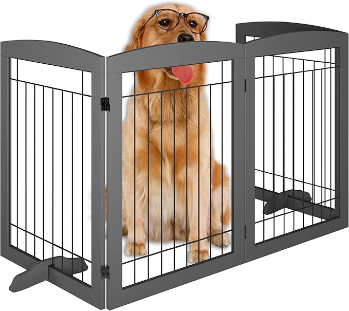 Folding Pet Gate 96" Wide, 30" Tall No-Assembly Wooden Dog Gate, Freestanding Wire Pet Gate, Pet Puppy Safety Fence, with 2PCS Support - Gray