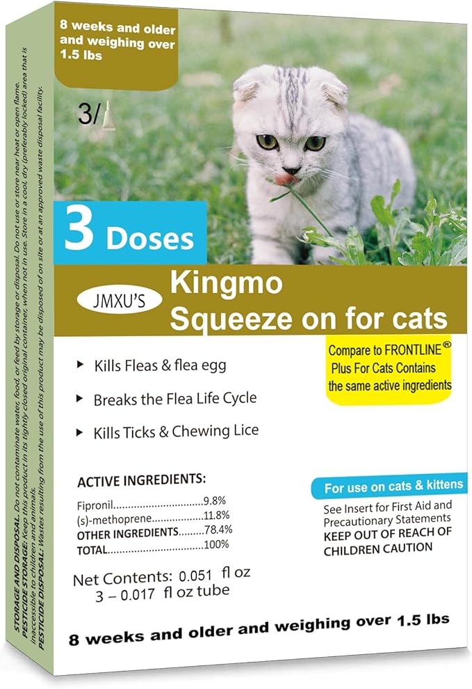 Flea and Tick Prevention for Cats, Cat Flea & Tick Treatment with Fipronil, Long-Lasting & Fast-Acting Topical Flea & Tick Control Drops for Kitten, 3 Doses