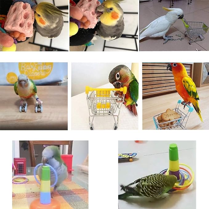 Bird Intelligence Toys Desktop Basketball Toy Shopping Cart Training Rings Mini Sneakers Roller Skates Grinding Chew for Parrot Parakeet Cockatiel Conure Cockatoo (7 Pack)