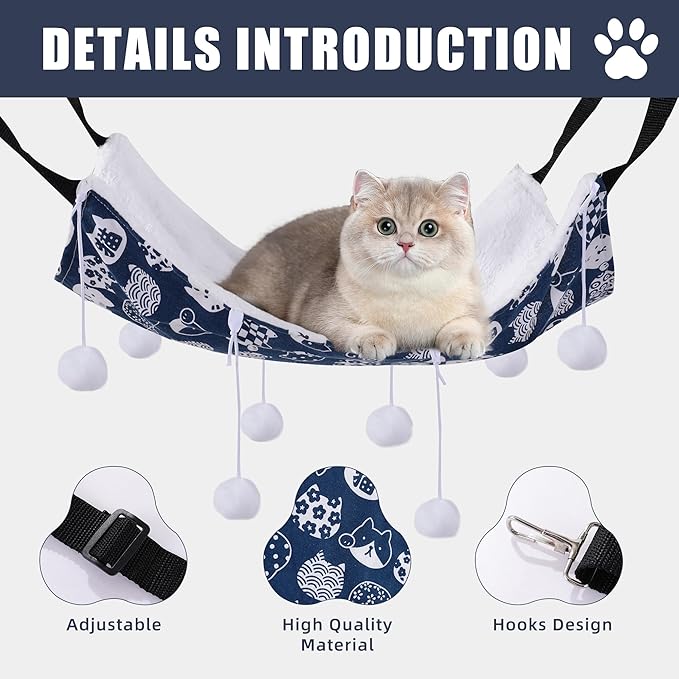 HOMBYS Reversible Cat Hanging Hammock for Cage，Soft Breathable Pet Cage Hammock with Adjustable Straps and Metal Hooks for Cats or Small Pets (Blue)