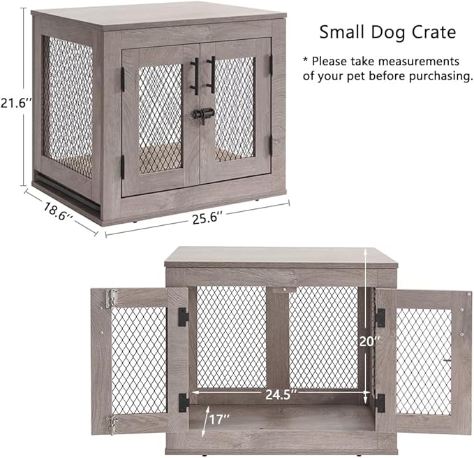 unipaws Dog Crate Furniture, Wooden Dog Kennel for Small Breed, Indoor Decorative Wood Dog Cage, Inside Side End Table Crate with Tray and Dog Bed for Puppy, Cats, Min Pigs, Rabbit, Up to 25 lbs