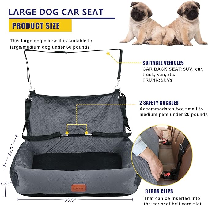 Dog Car Seat for Large Dogs Car Seat 2 Small Dogs,Dog Car Back Seats Travel Bed Dog Seat,Comfortable and Safe;Multipurpose Design-can be Converted into a Dog Bed or Dog Sofa Cushion;Dog Blanket