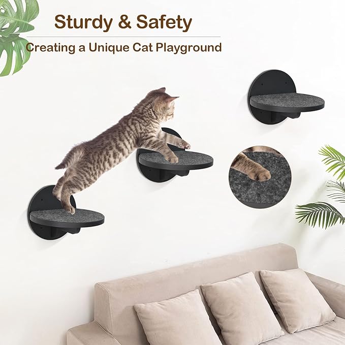 Y&ME YM 3-Packs Cat Climbing Shelves Wall Mounted, Cat Wall Steps Shelves, Cat Wall Shelves with Scratching Pad, Cat Wall Furniture for Cats Sleep Climb Play, Cat Shelves Cat Stairs Cat Ladder (Black)