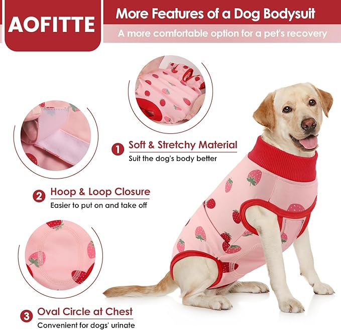 AOFITEE Dog Recovery Suit, Dog Surgical Recovery Suit for Female Dogs Male Dogs, Cozy Dog Onesie for Surgery, Cone E-Collar Alternative, Anti Licking Dog Surgical Shirt with Pee Hole, Strawberry L