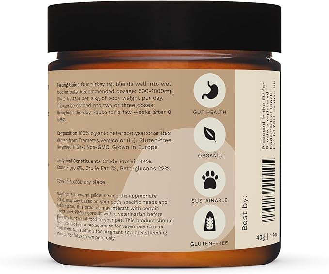 Boosie Organic Adaptogenic Powder for Dogs and Cats - Supports Gut Health and Promotes Diverse Microbiome - Turkey Tail Mushroom - 100% Natural Without Additives or Preservatives - Pet Nutrition