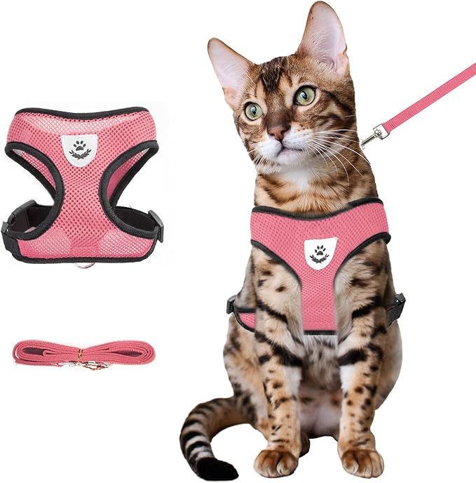 Summer cat Chest Harness and Leash, Anti-Escape Adjustable Soft mesh cat Leash and Chest Harness Set for All Types of Cats cat Vests(Size L,Pink)