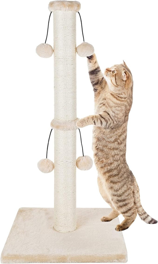 Dimaka 29'' Cat Scratching Post, Natural Sisal Rope Scratch Post with 4 Teasing Toy Balls for Large Cats (Beige)