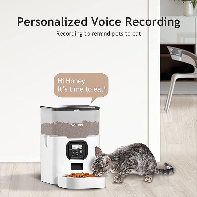 VOLUAS Automatic Cat Feeders - Dry Food Dispenser with Timer, Desiccant Bag, Programmable Portion Size Control 4 Meals Per Day, 10s Voice Recorder