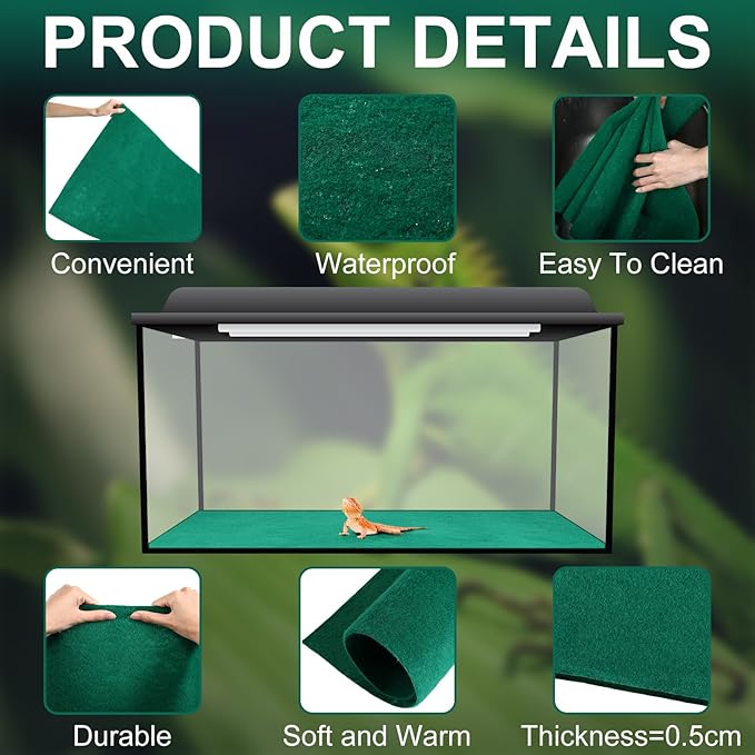 4 Pcs 24" x 47" Reptile Carpet Pet Terrarium Floor Liners Bedding Substrate Liner Supplies Reptile Cage Mat Tank Accessories for Lizard Bearded Dragon Tortoise Snake Leopard (Green)