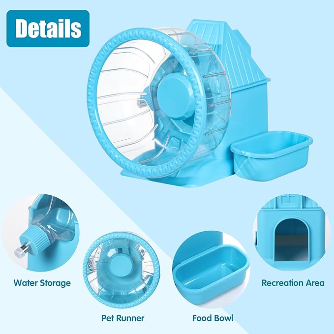 HOMBYS 4-in-1 Hamster Wheel, Hamster House and Hideouts with Food Bowl and Water Bottle, Multifunctional Quite Running Spinner Wheel Accessories