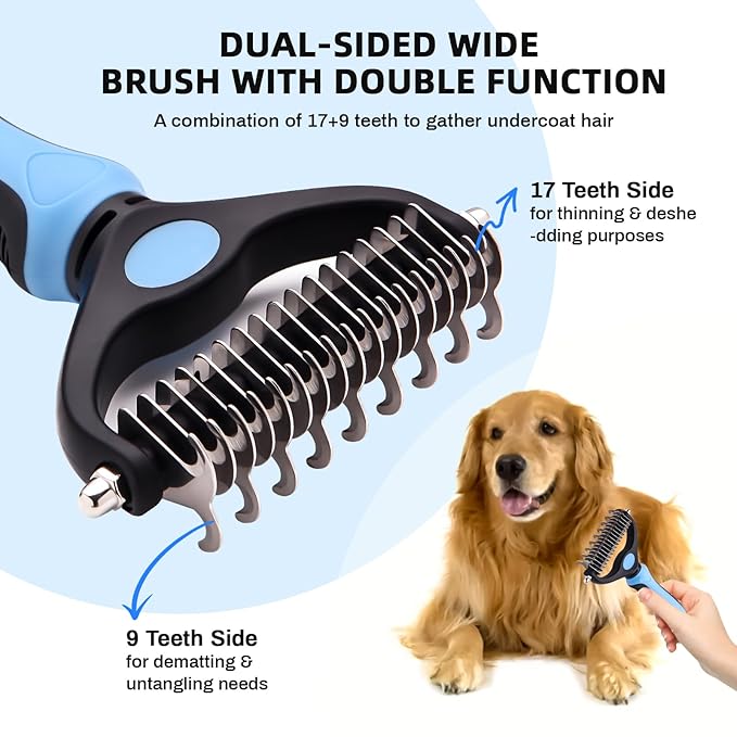 Pet Grooming Brush - Double Sided Shedding and Dematting Undercoat Rake for Dogs and Cats - Extra Wide Dog Grooming Brush, Dog Brush for Shedding, Cat Brush, Dog Brush, Pet Comb, Blue