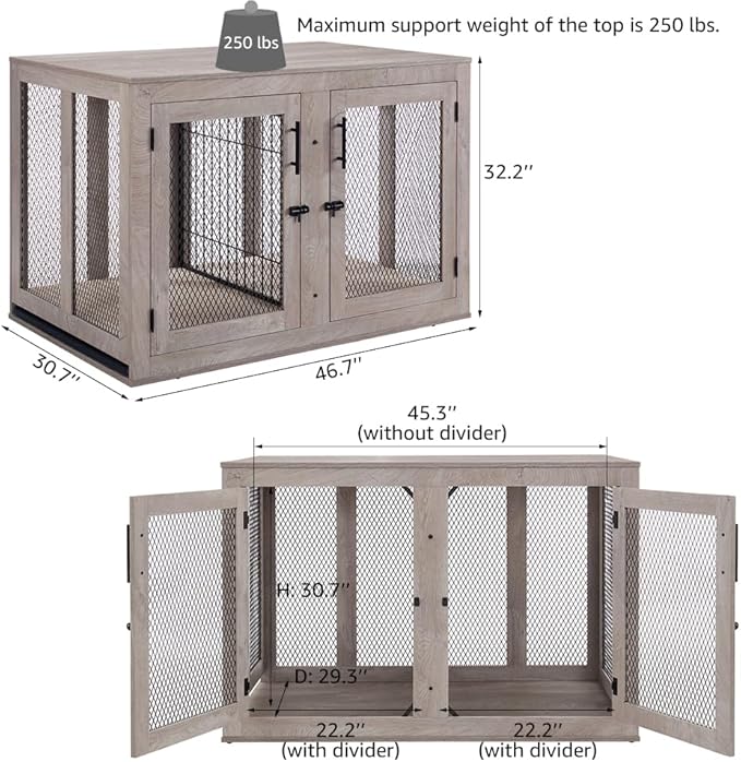 unipaws Extra Large Dog Crate Furniture with Divider for 2 Dogs, Wooden Dog Kennel for XLarge Breed, Indoor Decorative XL Wood Dog Cage, Inside Side End Table Crate with Tray, for Dogs Up to 90 lbs