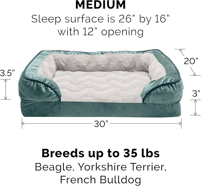 Furhaven Memory Foam Dog Bed for Medium/Small Dogs w/ Removable Bolsters & Washable Cover, For Dogs Up to 35 lbs - Plush & Velvet Waves Perfect Comfort Sofa - Celadon Green, Medium