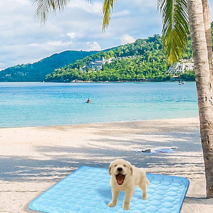 VeMee Summer Cooling Mat for Dogs Cats Ice Silk Self Dog Cooling Mat Breathable Pet Crate Pad Portable & Washable Pet Cooling Blanket for Outdoor or Home (28 X 22in, Blue)