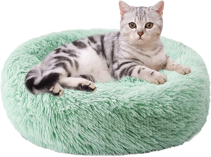 Aurako Cat Bed Dog Bed Round Cushion Pet Bed Mat Ultra Soft Plush Donut Sofa Comfortable Pillow Machine Washable Pet Cuddle Beds for Kitten Small Medium Large Dogs Cats 16" Green