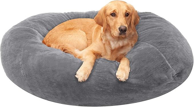 Furhaven Soft & Cozy Dog Bed for Large Dogs, Refillable w/ Removable Washable Cover & Liner, For Dogs Up to 95 lbs - Plush Faux Fur Bean Bag Style Ball Bed - Gray Mist, XL/Jumbo