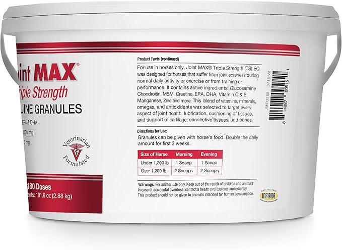 Joint MAX Triple Strength EQ GRANULES for Horses - Support Joint Health - Glucosamine, Chondroitin - Vitamins, Minerals, Omega 3 Fatty Acids, Antioxidants - 180 Doses