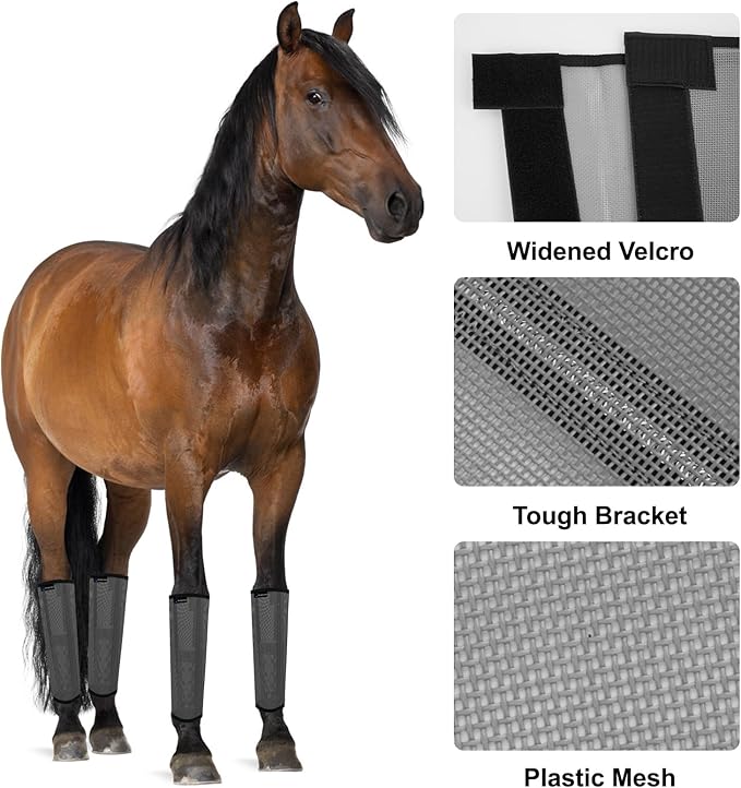 Horse Fly Boots, Adjustable Fly Boots for Horses Set of 4, Comfortable Horse Leggings, Breathable Plastic Mesh Material, Horse Supplies for Reduces Stress & Leg Fatigue (Dark Gray)