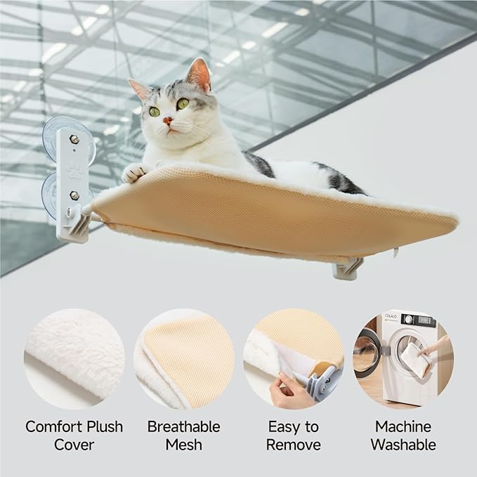 Cat Window Perch Sturdy Cat Window Hammock with Steel Frame Foldable Window Seat for Indoor Cats (Large White Removable Mat)