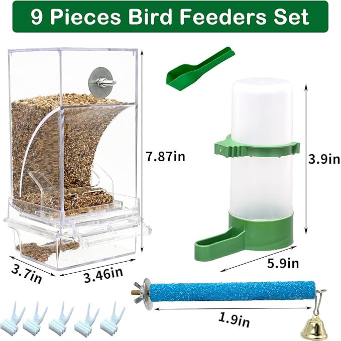 Automatic Bird Feeder Pack of 9 No Mess Parrot Water Dispenser Acrylic Adjustable Parakeet Seed Food Container Cage Accessories Drinker for Lovebirds Finches Budgies Canaries