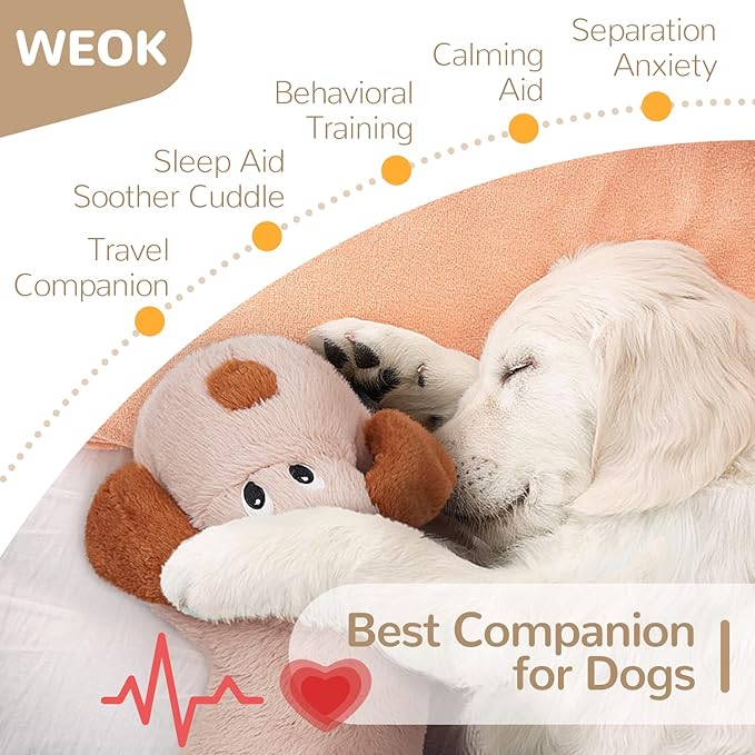 Puppy Heartbeat Toy, Dog Heartbeat Toy for Separation Anxiety Relief, Puppy Toy with Heartbeat Stuffed Animal Anxiety Calming Behavioral Aid Plush Toy for Dogs Cats Pets (Brown +)