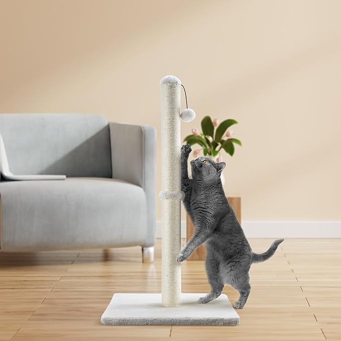 Dimaka 29" Height Tall Cat Scratching Post, Claw Scratcher with Sisal Rope and Covered with Soft Smooth Plush, Vertical Scratch [Full Strectch] for Standard Size Cats. (Beige)