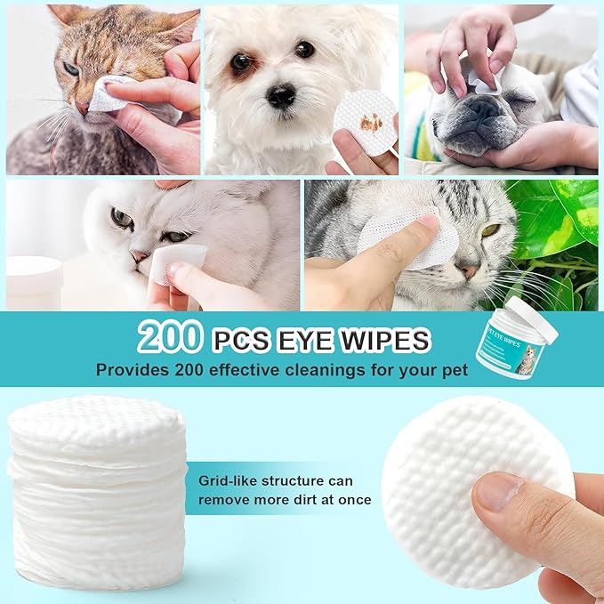 Dog Eye Wipes, 200Pcs Eye Wipes for Dogs & Cats Remove Tear Stain, Eye Debris, Mucus Secretions Discharge, Pet Gentle Care Supplies Disposable Cleaning Wipe for Eye