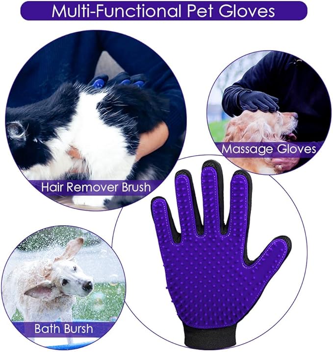 Upgrade Version Pet Grooming Glove - Gentle Deshedding Brush Glove - Efficient Pet Hair Remover Mitt - Enhanced Five Finger Design - Perfect for Dog & Cat with Long & Short Fur - 1 Pair (Purple)