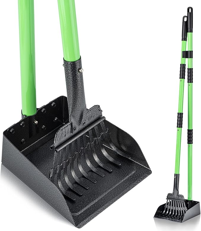 Pooper Scooper, Dog Pooper Scooper Long Handle Stainless Metal Tray and Rake Set for Medium Small Dogs Heavy Duty - Use on Grass, Dirt or Gravel - Pet Supplies (Green)