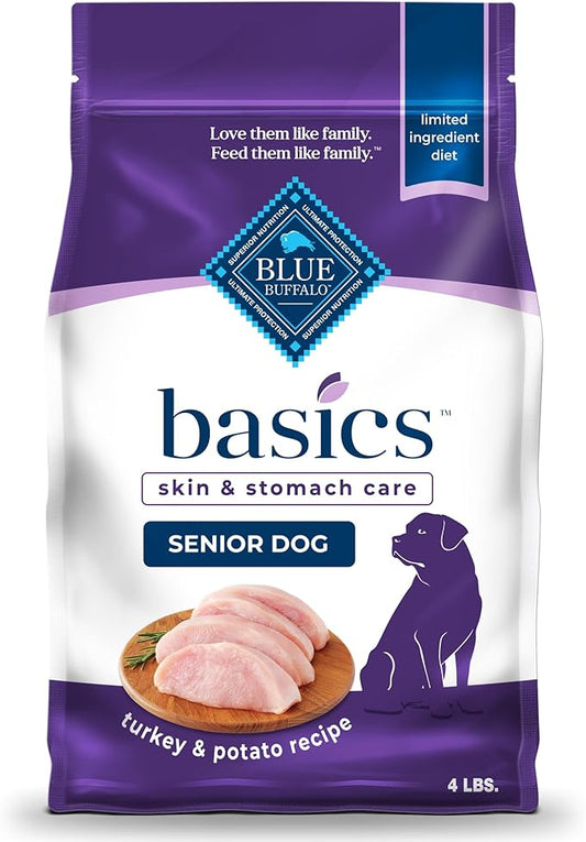 Blue Buffalo Basics Grain-Free Senior Dry Dog Food, Skin & Stomach Care, Limited Ingredient Diet, Turkey Recipe, 4-lb. Bag