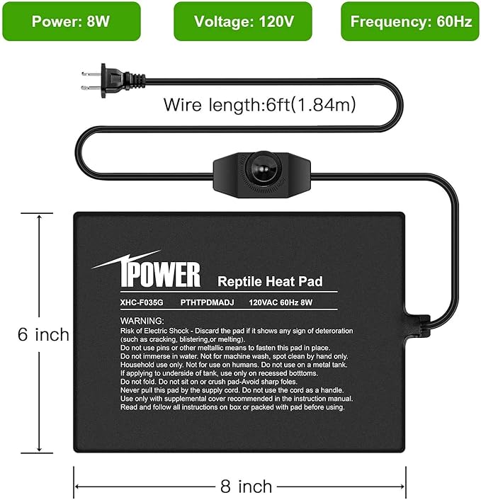 iPower 6"x8" Reptile Heat Pad Under Tank Warmer Terrarium Heater Heating Mat with Temperature Adjustable Controller, Digital Thermometer and Hygrometer with Humidity Probe for Amphibian, Pet